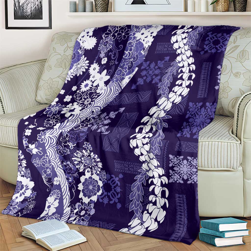 Hawaii Puakenikeni and Maile Lei Blanket Purple Japanese Wave Style - Polynesian Pride
