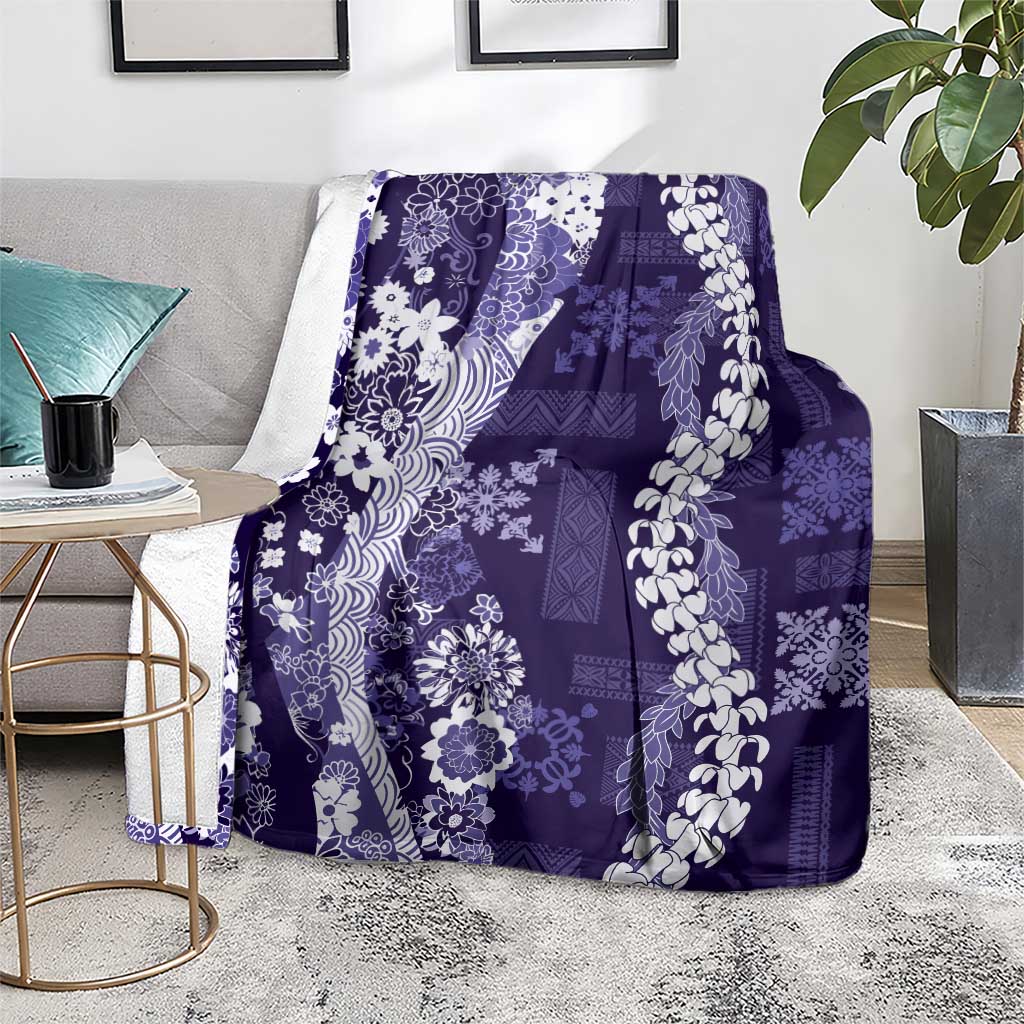 Hawaii Puakenikeni and Maile Lei Blanket Purple Japanese Wave Style - Polynesian Pride