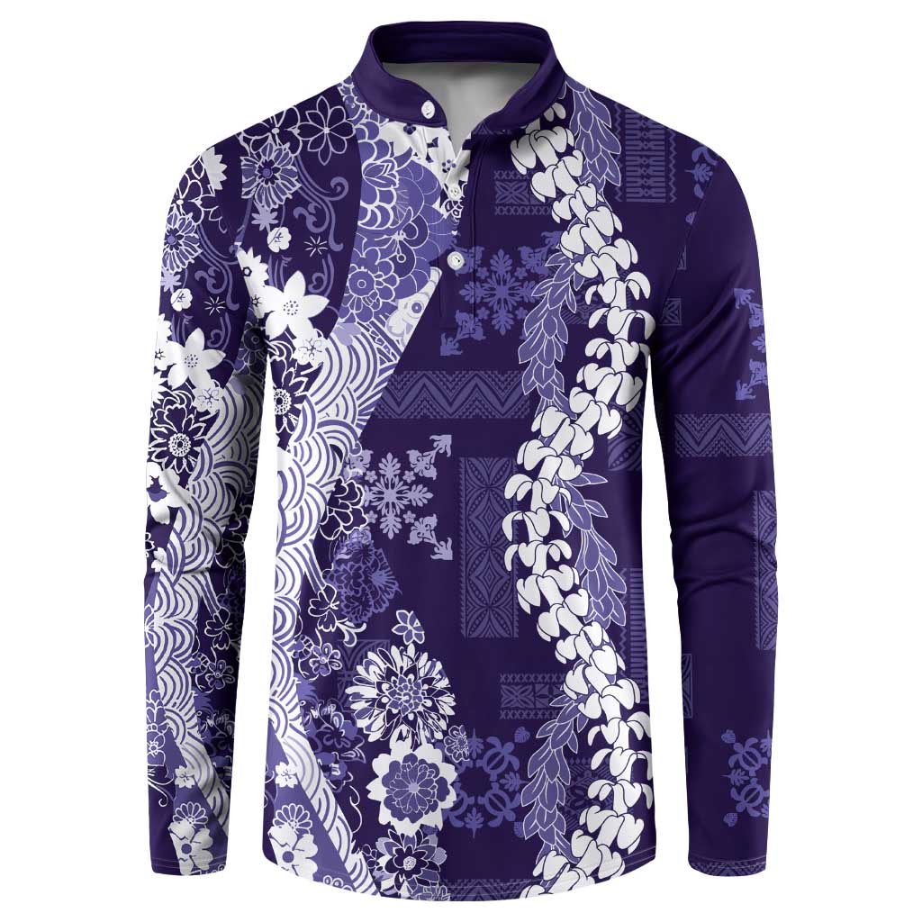 Hawaii Puakenikeni and Maile Lei Button Sweatshirt Purple Japanese Wave Style LT9 Purple - Polynesian Pride