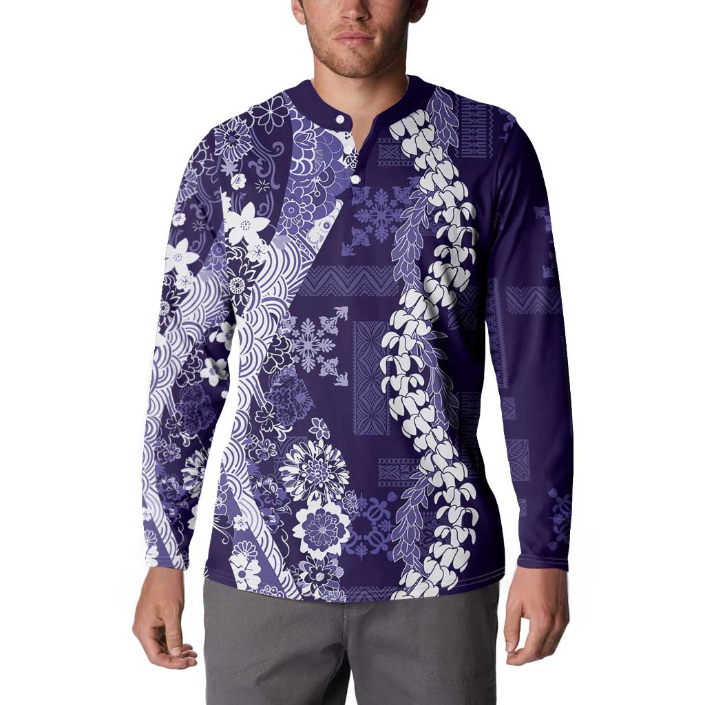 Hawaii Puakenikeni and Maile Lei Button Sweatshirt Purple Japanese Wave Style LT9 - Polynesian Pride