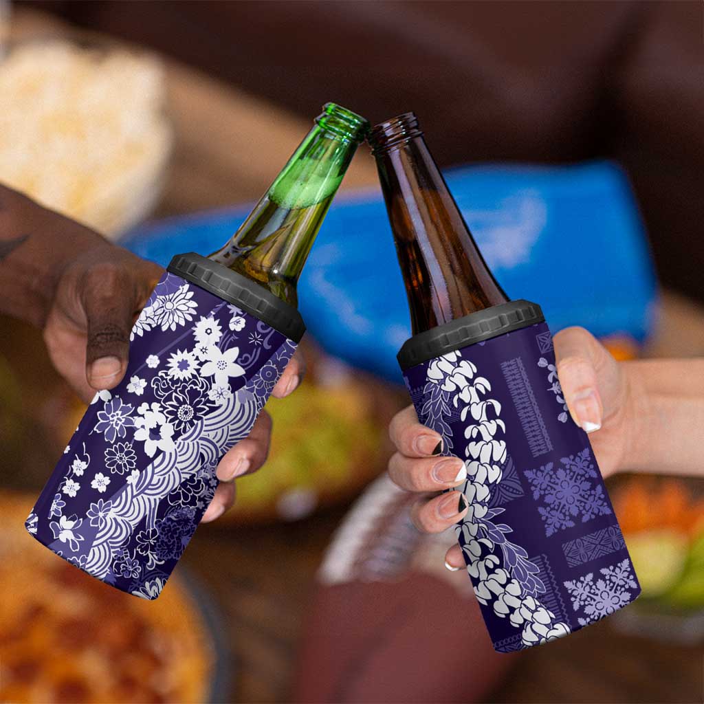 Hawaii Puakenikeni and Maile Lei 4 in 1 Can Cooler Tumbler Purple Japanese Wave Style - Polynesian Pride
