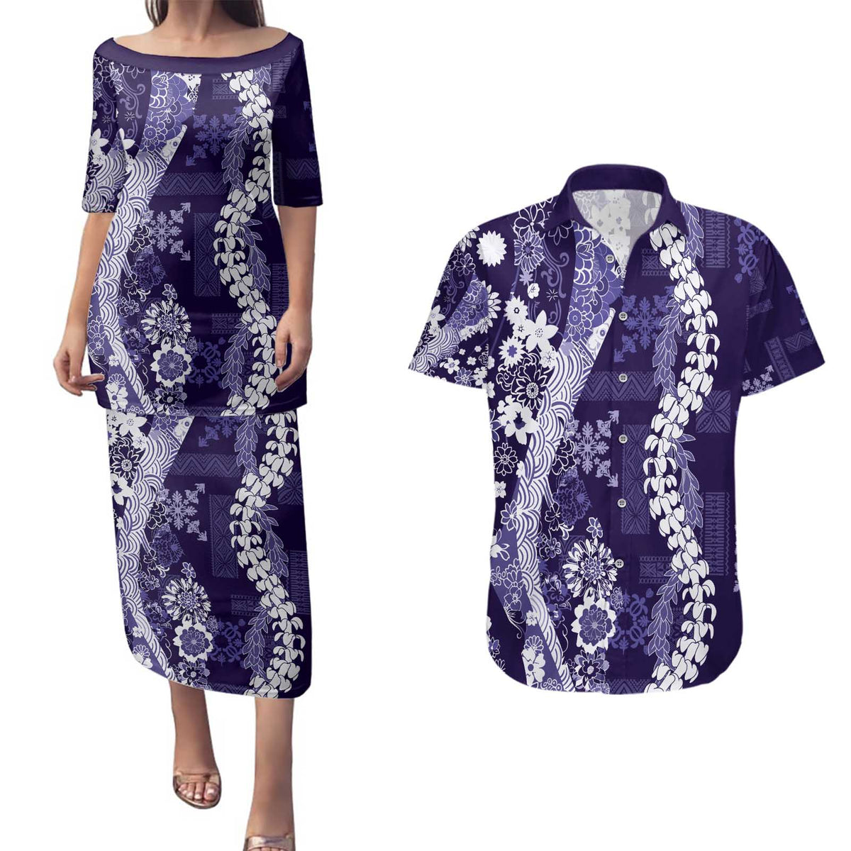 Hawaii Puakenikeni and Maile Lei Couples Matching Puletasi and Hawaiian Shirt Purple Japanese Wave Style - Polynesian Pride