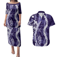 Hawaii Puakenikeni and Maile Lei Couples Matching Puletasi and Hawaiian Shirt Purple Japanese Wave Style - Polynesian Pride