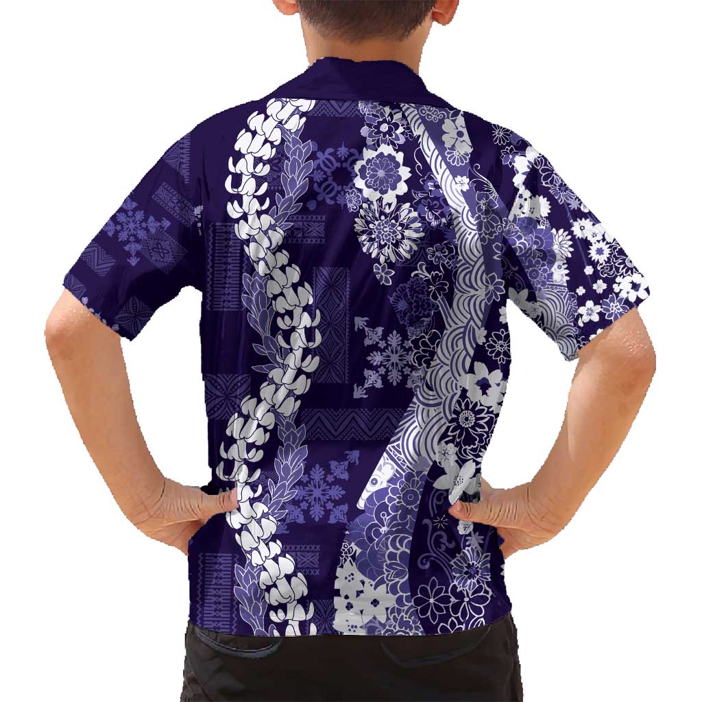 Hawaii Puakenikeni and Maile Lei Family Matching Long Sleeve Bodycon Dress and Hawaiian Shirt Purple Japanese Wave Style - Polynesian Pride