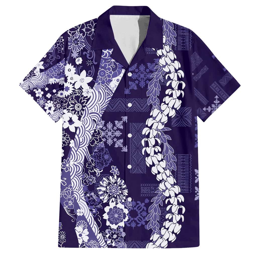Hawaii Puakenikeni and Maile Lei Family Matching Long Sleeve Bodycon Dress and Hawaiian Shirt Purple Japanese Wave Style - Polynesian Pride