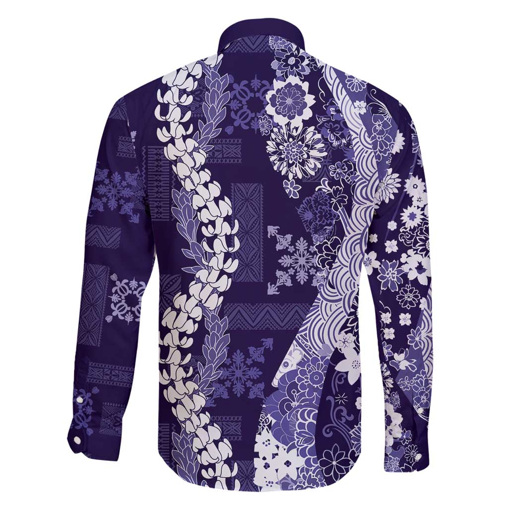 Hawaii Puakenikeni and Maile Lei Family Matching Long Sleeve Bodycon Dress and Hawaiian Shirt Purple Japanese Wave Style - Polynesian Pride