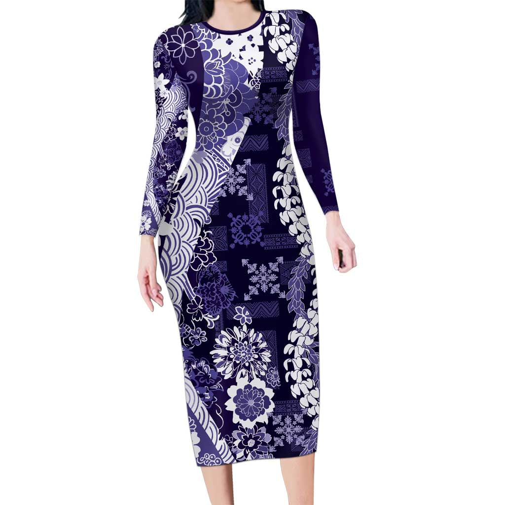 Hawaii Puakenikeni and Maile Lei Family Matching Long Sleeve Bodycon Dress and Hawaiian Shirt Purple Japanese Wave Style - Polynesian Pride