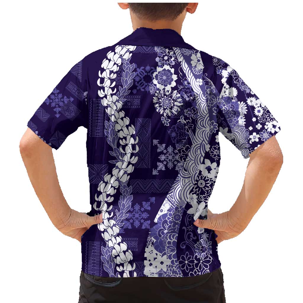 Hawaii Puakenikeni and Maile Lei Family Matching Mermaid Dress and Hawaiian Shirt Purple Japanese Wave Style - Polynesian Pride