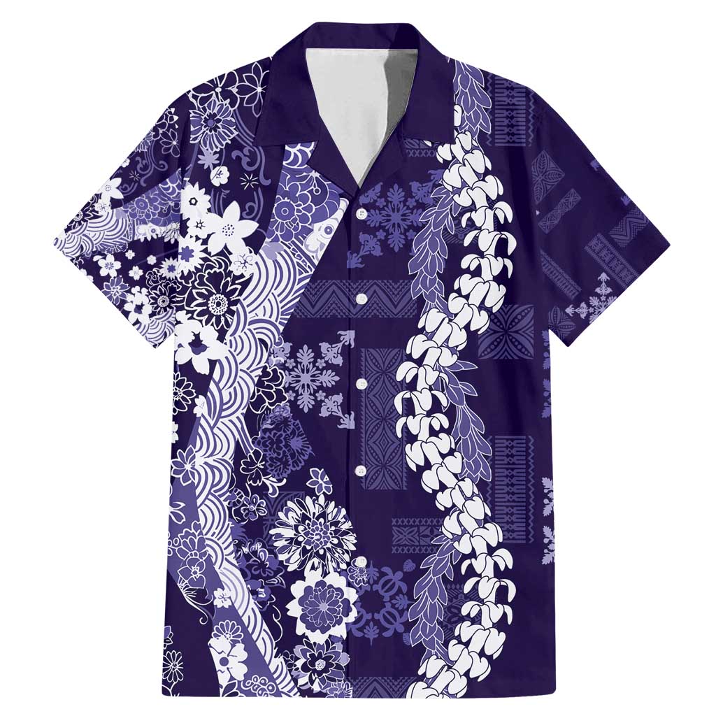 Hawaii Puakenikeni and Maile Lei Family Matching Mermaid Dress and Hawaiian Shirt Purple Japanese Wave Style - Polynesian Pride
