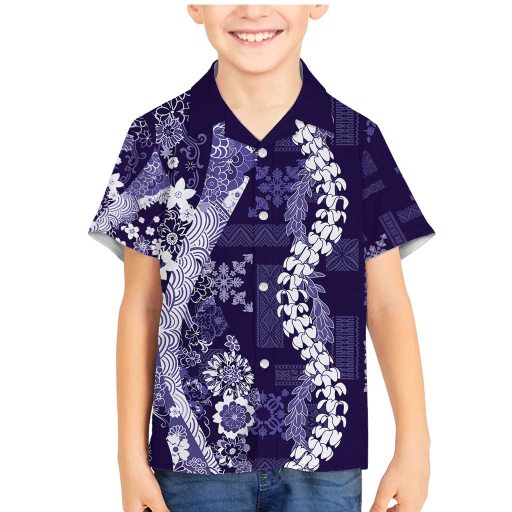 Hawaii Puakenikeni and Maile Lei Family Matching Mermaid Dress and Hawaiian Shirt Purple Japanese Wave Style - Polynesian Pride