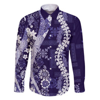 Hawaii Puakenikeni and Maile Lei Family Matching Off The Shoulder Long Sleeve Dress and Hawaiian Shirt Purple Japanese Wave Style - Polynesian Pride