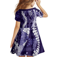 Hawaii Puakenikeni and Maile Lei Family Matching Off Shoulder Short Dress and Hawaiian Shirt Purple Japanese Wave Style - Polynesian Pride