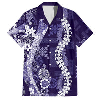 Hawaii Puakenikeni and Maile Lei Family Matching Off Shoulder Short Dress and Hawaiian Shirt Purple Japanese Wave Style - Polynesian Pride