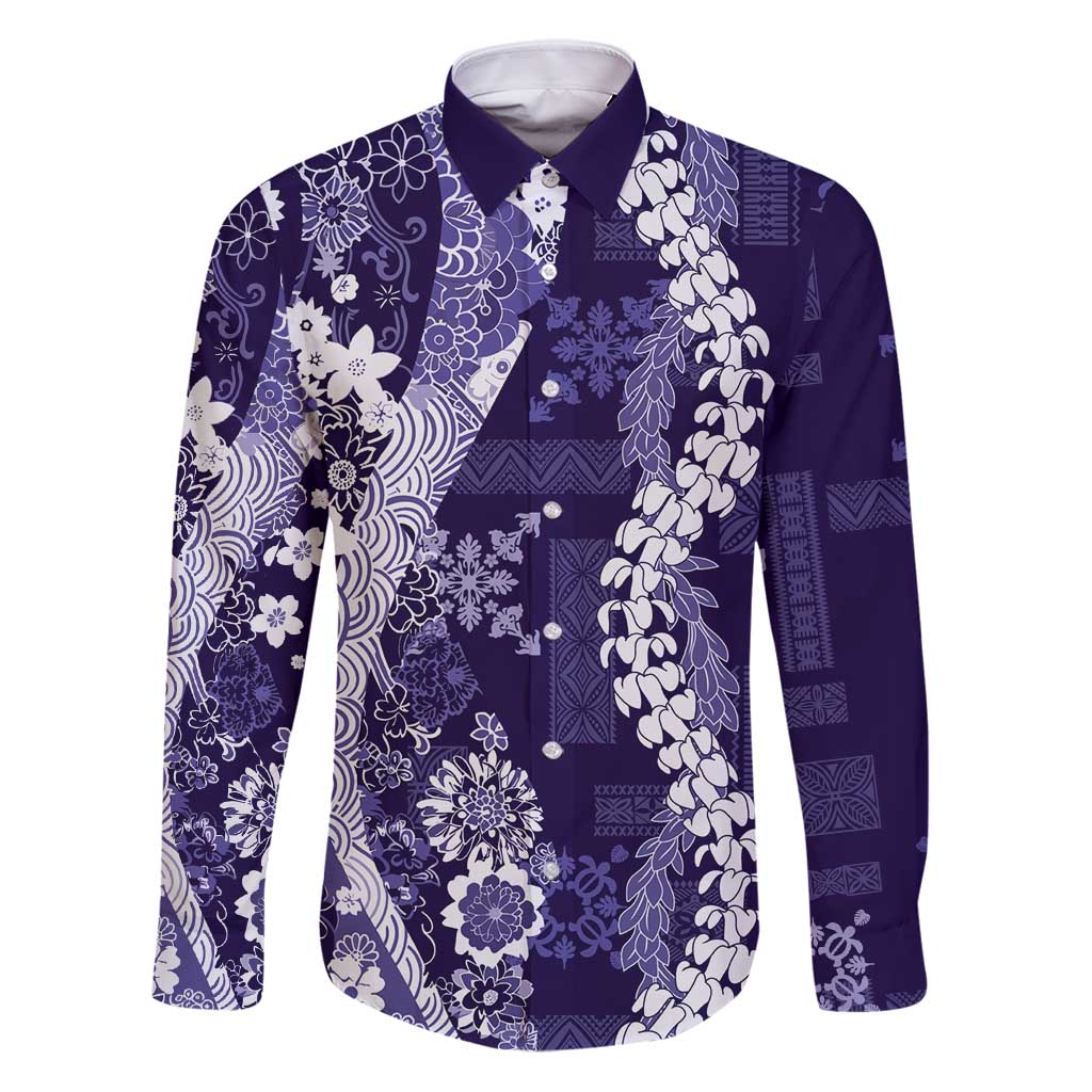 Hawaii Puakenikeni and Maile Lei Family Matching Puletasi and Hawaiian Shirt Purple Japanese Wave Style - Polynesian Pride