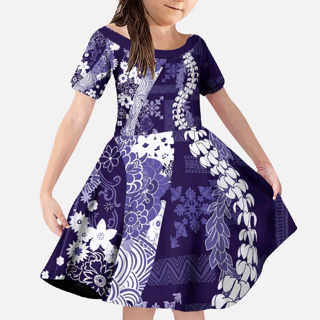 Hawaii Puakenikeni and Maile Lei Family Matching Short Sleeve Bodycon Dress and Hawaiian Shirt Purple Japanese Wave Style - Polynesian Pride