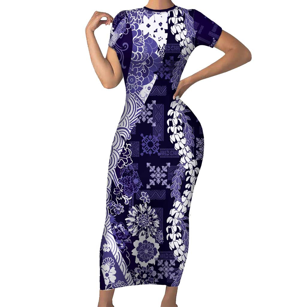 Hawaii Puakenikeni and Maile Lei Family Matching Short Sleeve Bodycon Dress and Hawaiian Shirt Purple Japanese Wave Style - Polynesian Pride