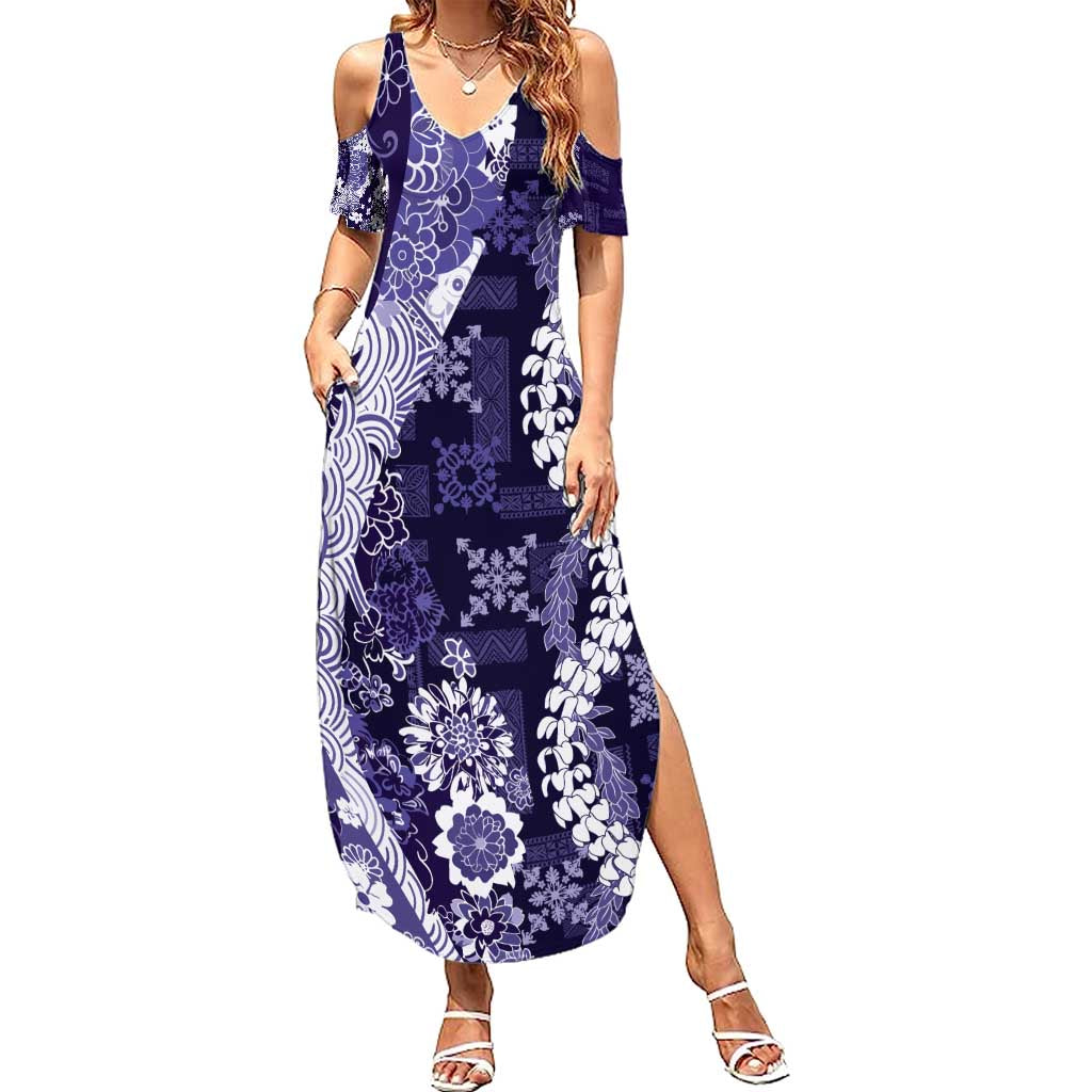 Hawaii Puakenikeni and Maile Lei Family Matching Summer Maxi Dress and Hawaiian Shirt Purple Japanese Wave Style - Polynesian Pride