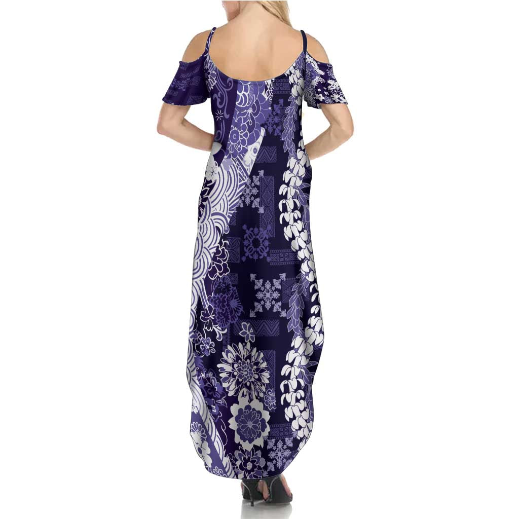 Hawaii Puakenikeni and Maile Lei Family Matching Summer Maxi Dress and Hawaiian Shirt Purple Japanese Wave Style - Polynesian Pride