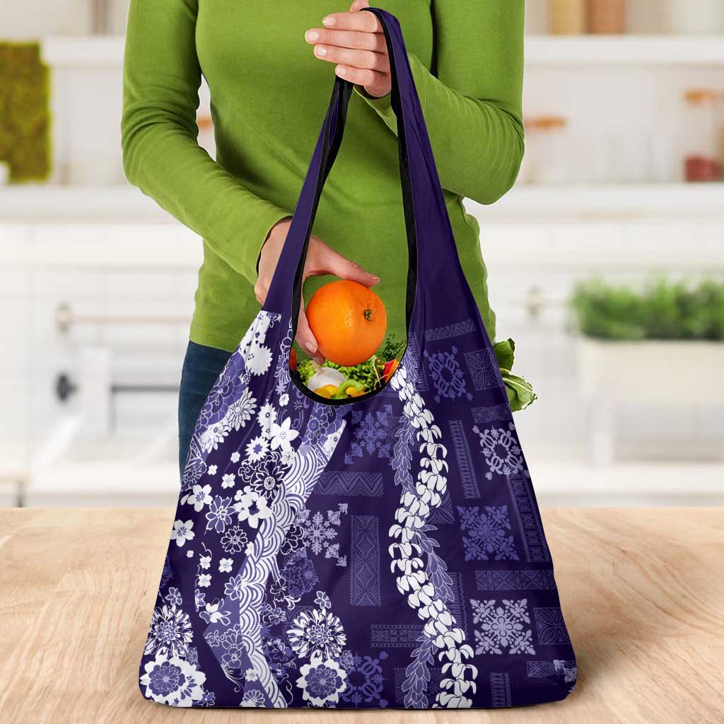 Hawaii Puakenikeni and Maile Lei Grocery Bag Purple Japanese Wave Style LT9 - Polynesian Pride