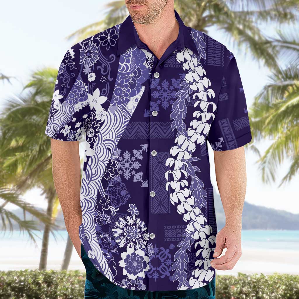 Hawaii Puakenikeni and Maile Lei Hawaiian Shirt Purple Japanese Wave Style - Polynesian Pride