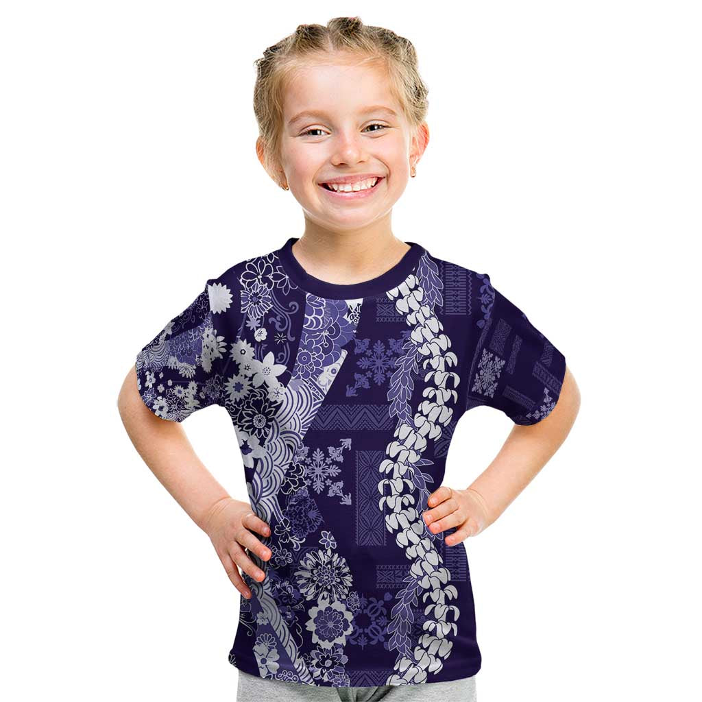 Hawaii Puakenikeni and Maile Lei Kid T Shirt Purple Japanese Wave Style - Polynesian Pride