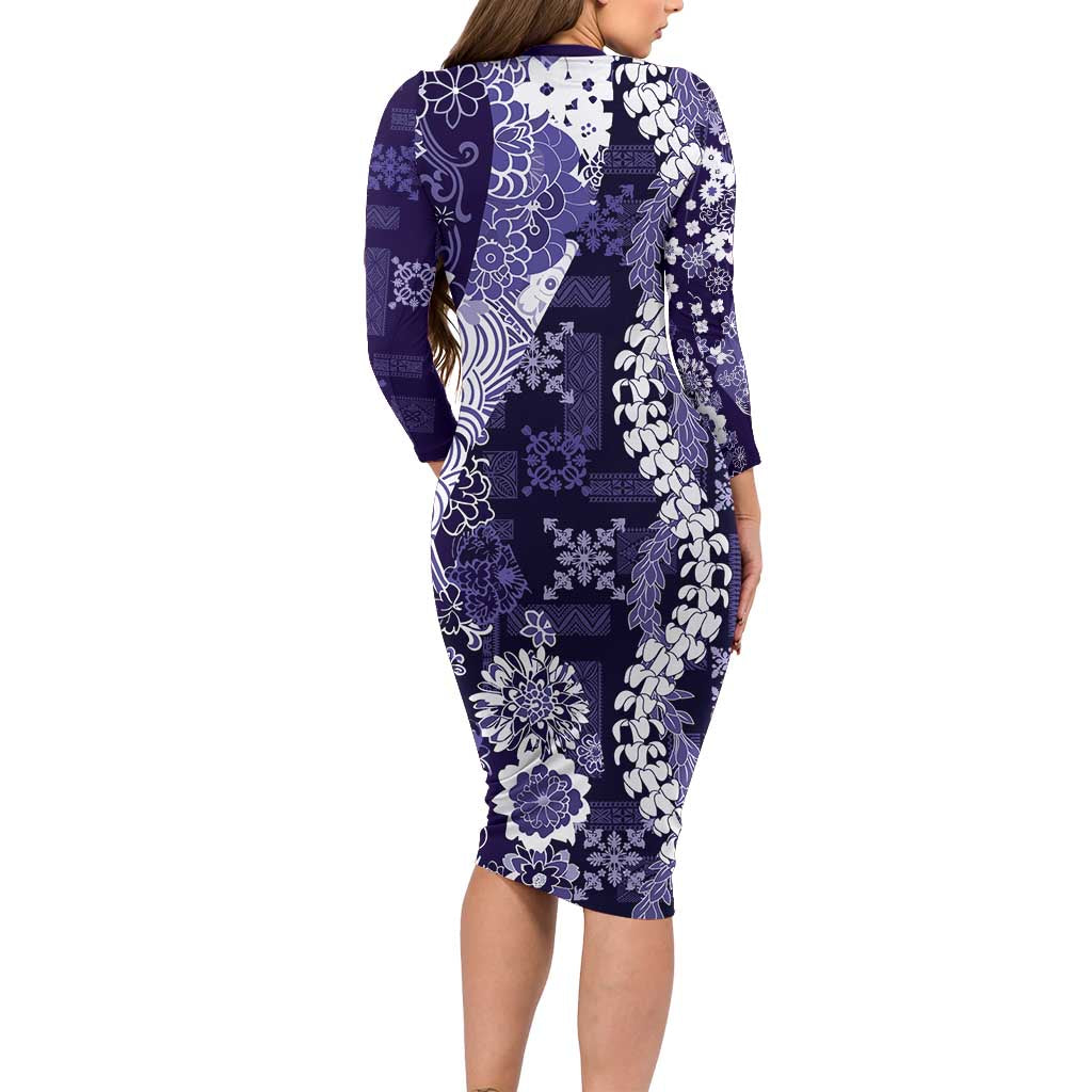 Hawaii Puakenikeni and Maile Lei Long Sleeve Bodycon Dress Purple Japanese Wave Style LT9 - Polynesian Pride