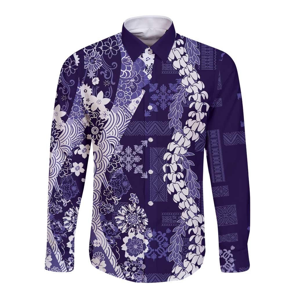 Hawaii Puakenikeni and Maile Lei Long Sleeve Button Shirt Purple Japanese Wave Style LT9 Unisex Purple - Polynesian Pride