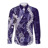Hawaii Puakenikeni and Maile Lei Long Sleeve Button Shirt Purple Japanese Wave Style LT9 Unisex Purple - Polynesian Pride