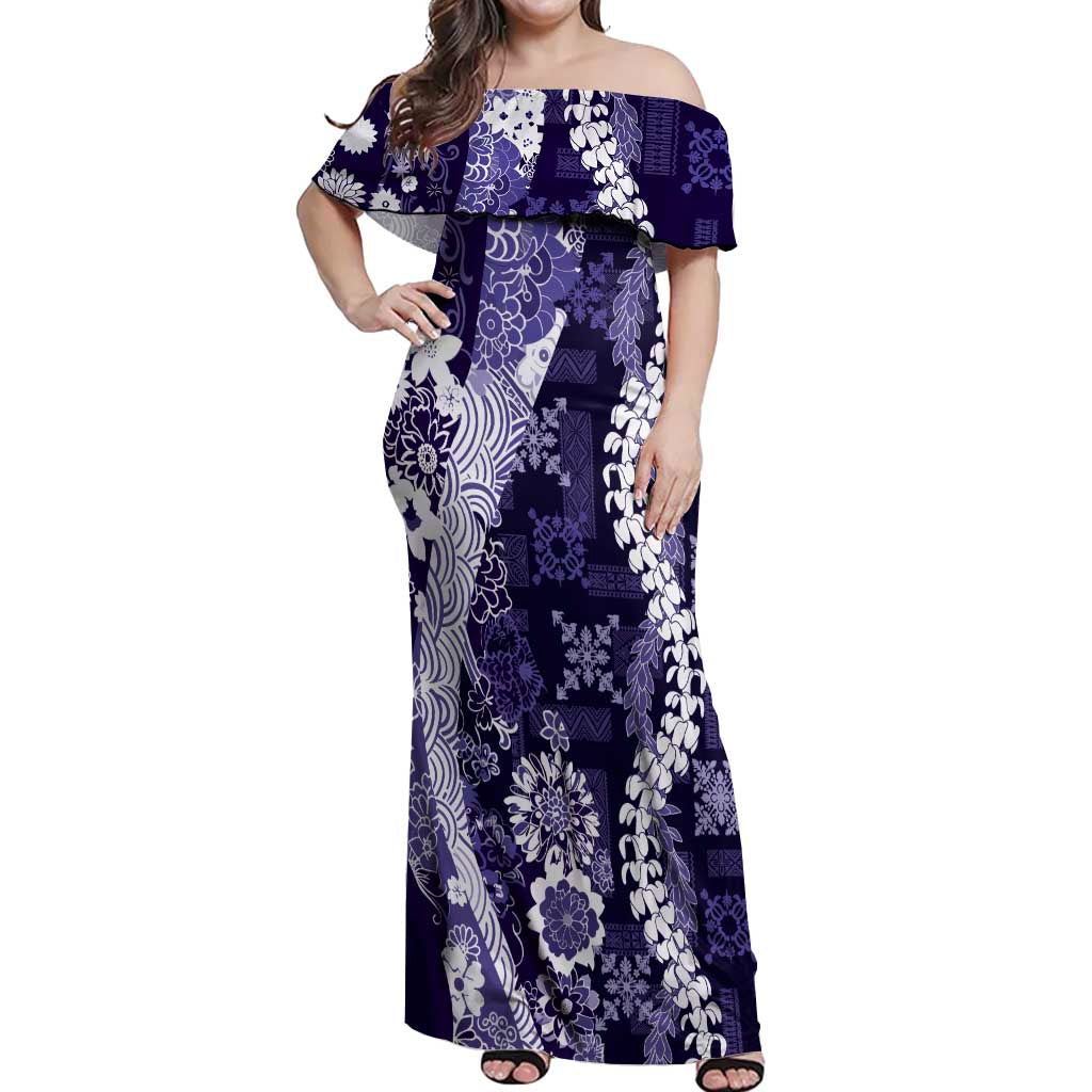 Hawaii Puakenikeni and Maile Lei Off Shoulder Maxi Dress Purple Japanese Wave Style LT9 Women Purple - Polynesian Pride