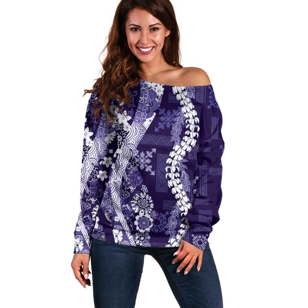 Hawaii Puakenikeni and Maile Lei Off Shoulder Sweater Purple Japanese Wave Style - Polynesian Pride