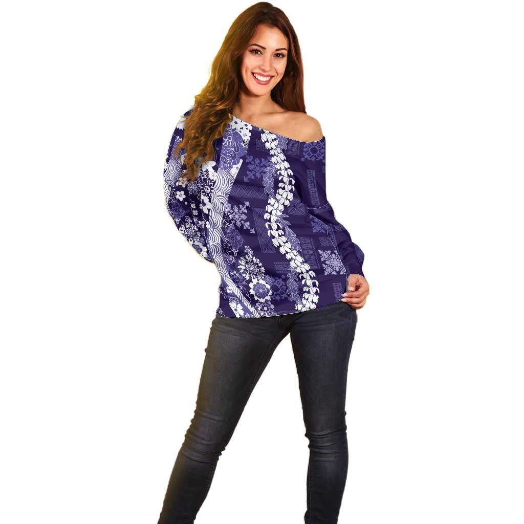 Hawaii Puakenikeni and Maile Lei Off Shoulder Sweater Purple Japanese Wave Style - Polynesian Pride