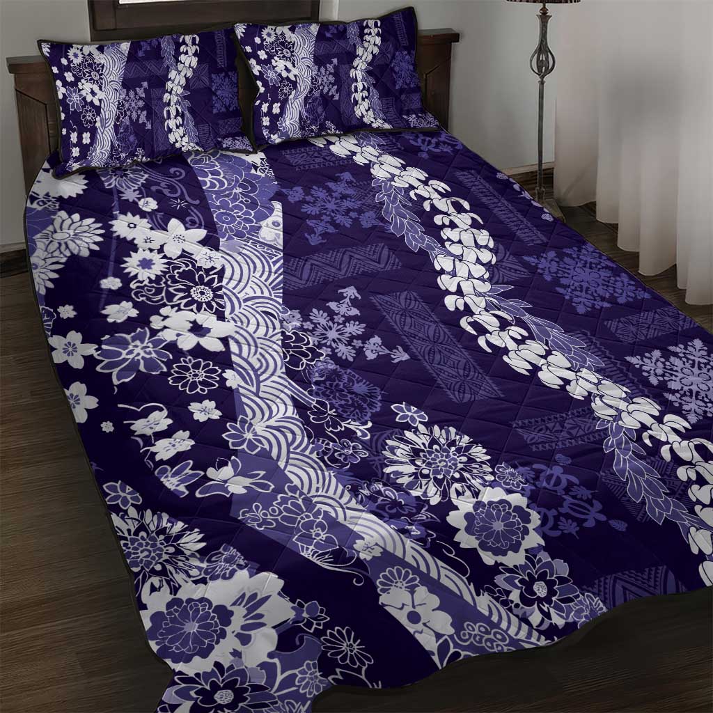 Hawaii Puakenikeni and Maile Lei Quilt Bed Set Purple Japanese Wave Style - Polynesian Pride