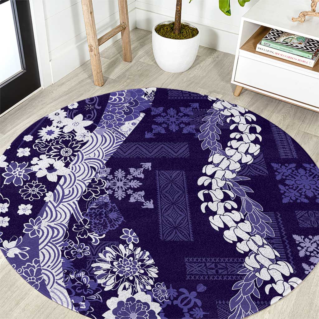 Hawaii Puakenikeni and Maile Lei Round Carpet Purple Japanese Wave Style - Polynesian Pride
