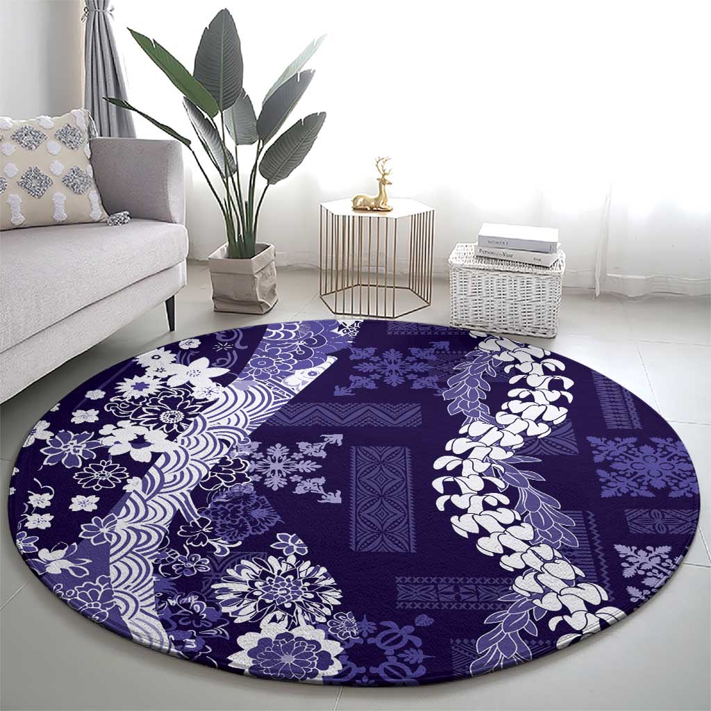 Hawaii Puakenikeni and Maile Lei Round Carpet Purple Japanese Wave Style - Polynesian Pride