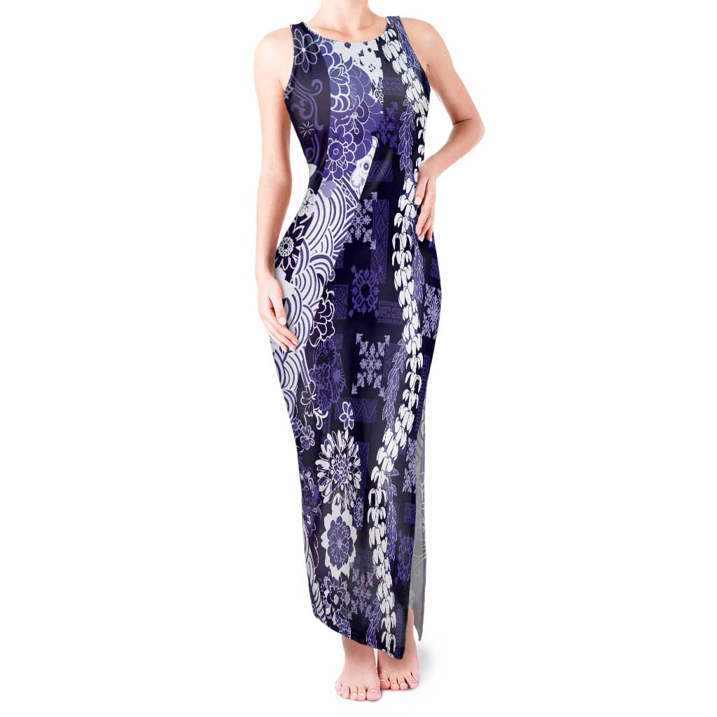 Hawaii Puakenikeni and Maile Lei Tank Maxi Dress Purple Japanese Wave Style - Polynesian Pride