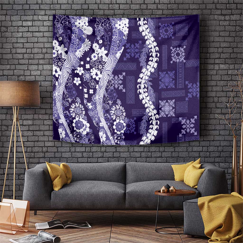 Hawaii Puakenikeni and Maile Lei Tapestry Purple Japanese Wave Style - Polynesian Pride