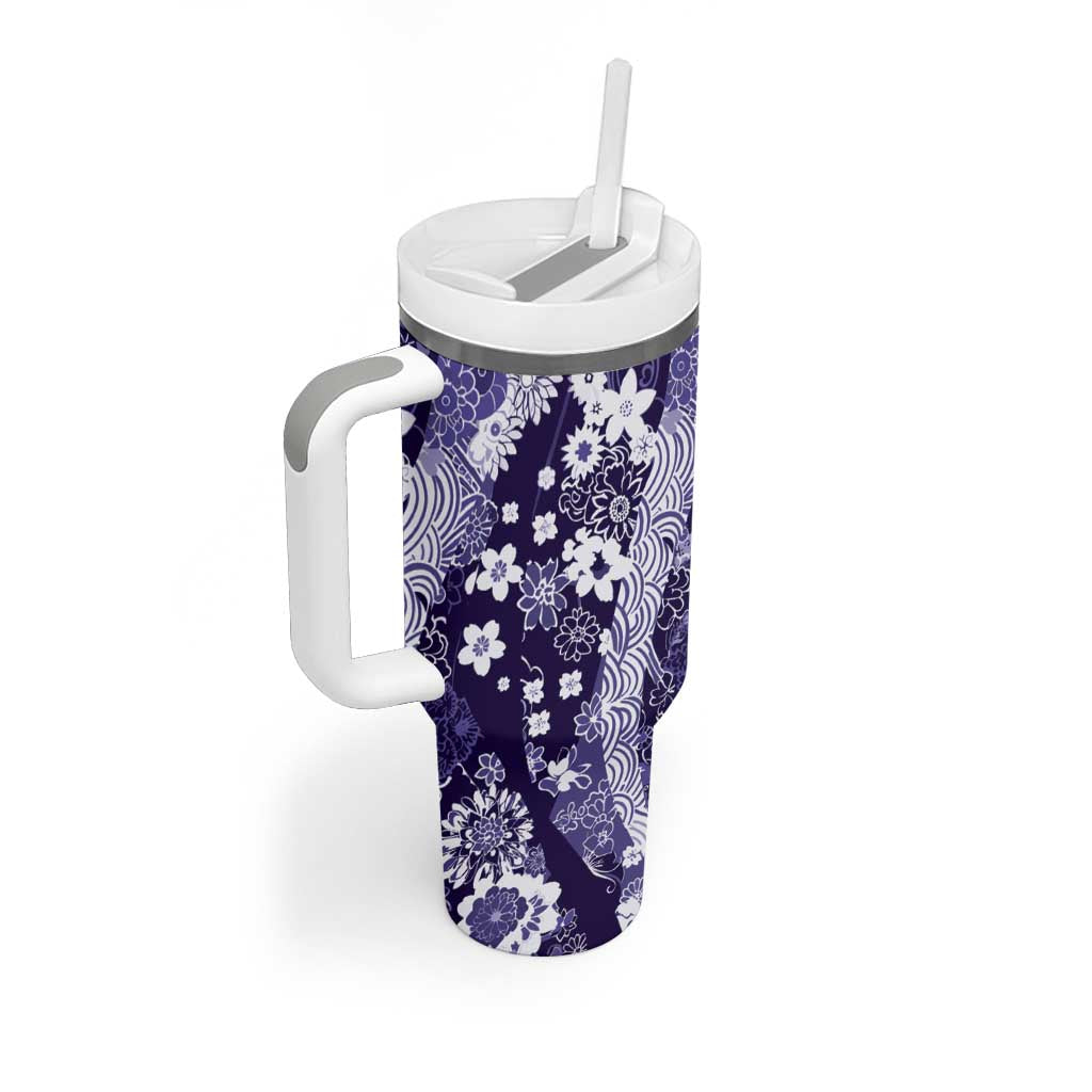 Hawaii Puakenikeni and Maile Lei Tumbler With Handle Purple Japanese Wave Style - Polynesian Pride