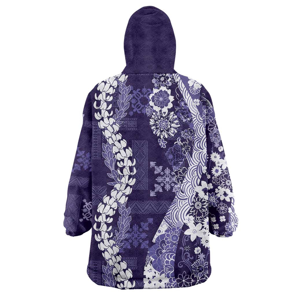 Hawaii Puakenikeni and Maile Lei Wearable Blanket Hoodie Purple Japanese Wave Style - Polynesian Pride