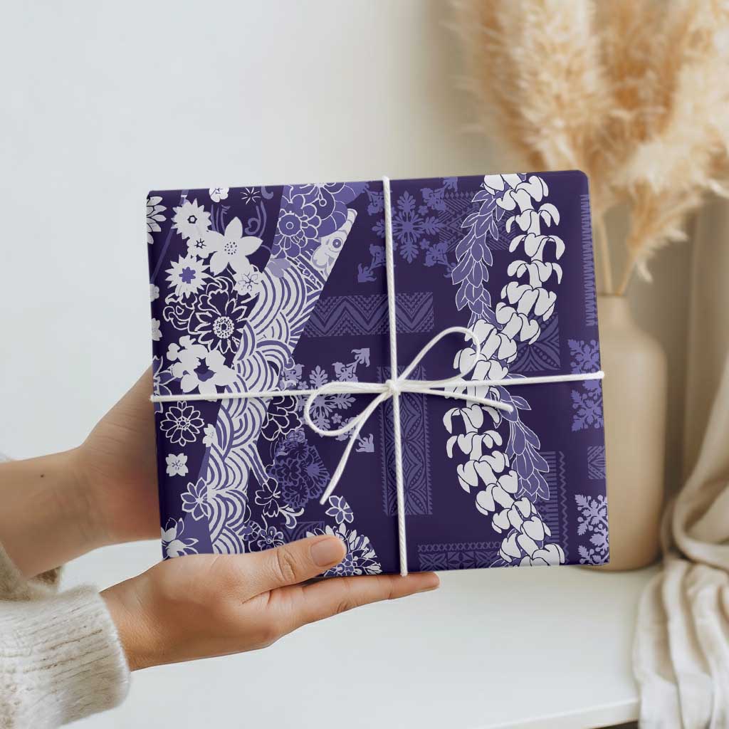 Hawaii Puakenikeni and Maile Lei Wrapping Paper Purple Japanese Wave Style - Polynesian Pride