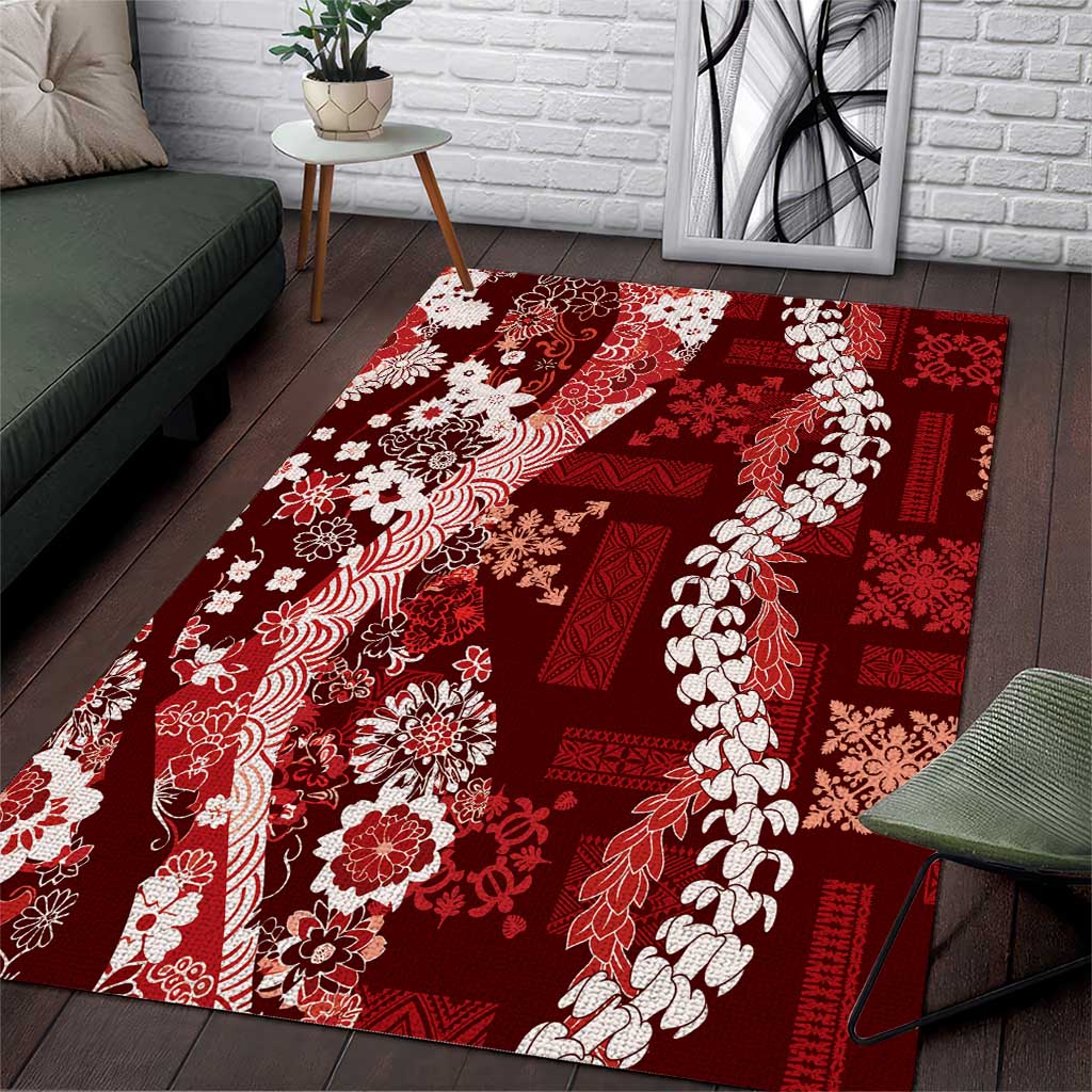 Hawaii Puakenikeni and Maile Lei Area Rug Red Japanese Wave Style - Polynesian Pride