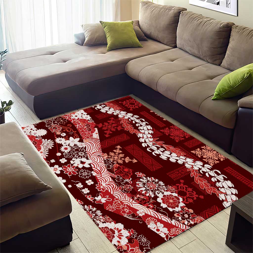 Hawaii Puakenikeni and Maile Lei Area Rug Red Japanese Wave Style - Polynesian Pride