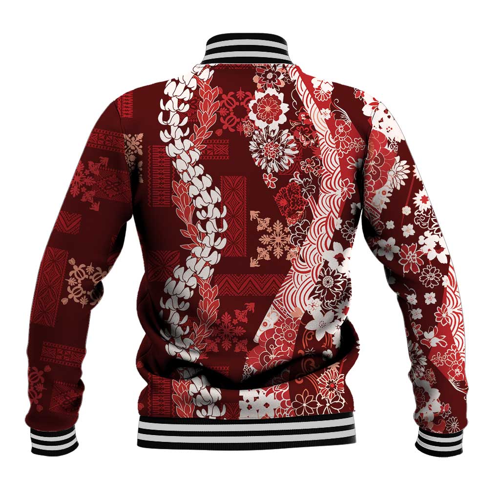 Hawaii Puakenikeni and Maile Lei Baseball Jacket Red Japanese Wave Style LT9 - Polynesian Pride
