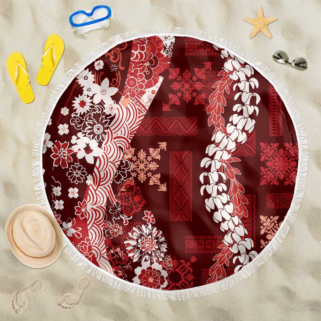 Hawaii Puakenikeni and Maile Lei Beach Blanket Red Japanese Wave Style LT9 One Size 150cm Red - Polynesian Pride