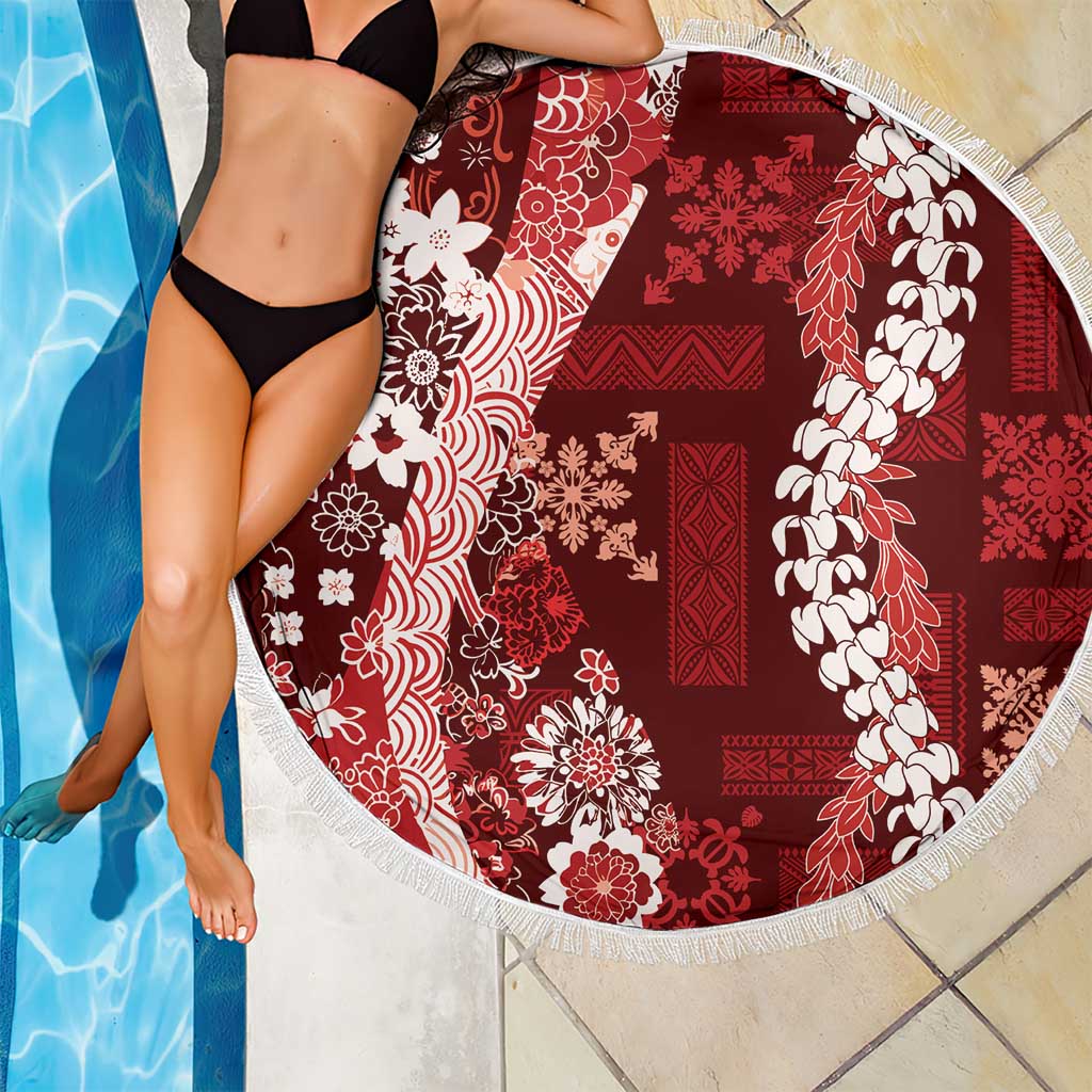 Hawaii Puakenikeni and Maile Lei Beach Blanket Red Japanese Wave Style LT9 - Polynesian Pride
