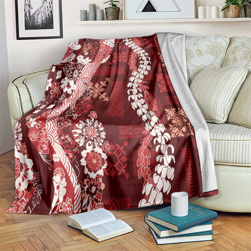 Hawaii Puakenikeni and Maile Lei Blanket Red Japanese Wave Style - Polynesian Pride
