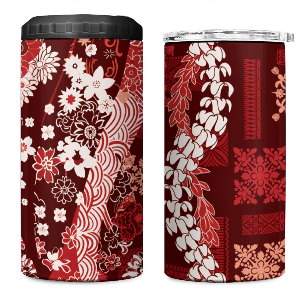 Hawaii Puakenikeni and Maile Lei 4 in 1 Can Cooler Tumbler Red Japanese Wave Style - Polynesian Pride