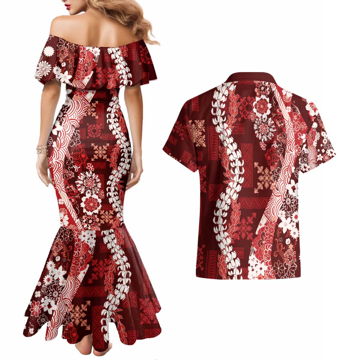 Hawaii Puakenikeni and Maile Lei Couples Matching Mermaid Dress and Hawaiian Shirt Red Japanese Wave Style - Polynesian Pride