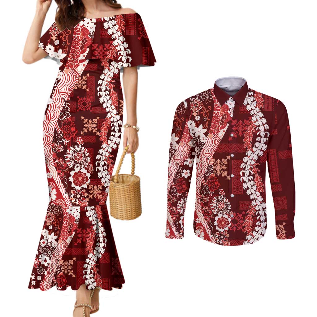 Hawaii Puakenikeni and Maile Lei Couples Matching Mermaid Dress and Long Sleeve Button Shirt Red Japanese Wave Style - Polynesian Pride