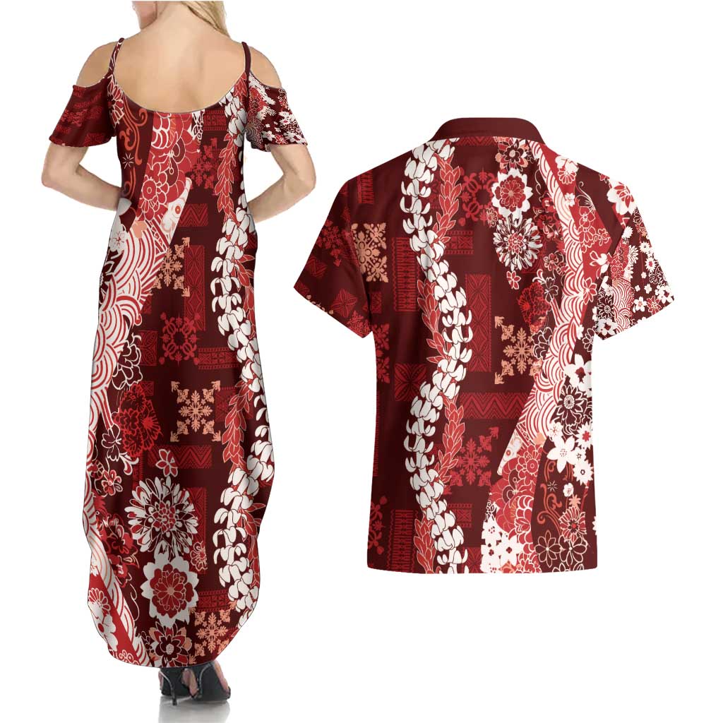 Hawaii Puakenikeni and Maile Lei Couples Matching Summer Maxi Dress and Hawaiian Shirt Red Japanese Wave Style - Polynesian Pride