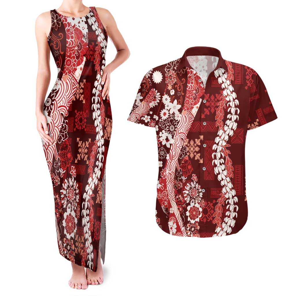 Hawaii Puakenikeni and Maile Lei Couples Matching Tank Maxi Dress and Hawaiian Shirt Red Japanese Wave Style - Polynesian Pride